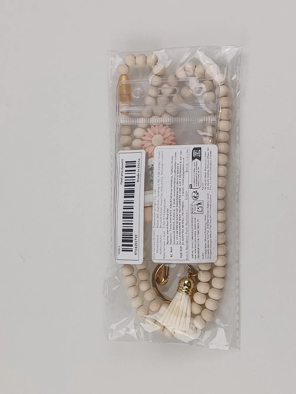 Wooden Cream and Pink Beaded Flowers Lanyard Key & Card Holder with Tassel